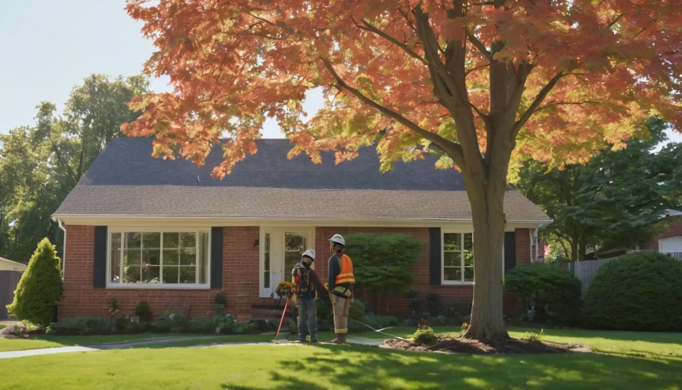 Tree removal provider working safely on a large backyard tree near a Joliet home